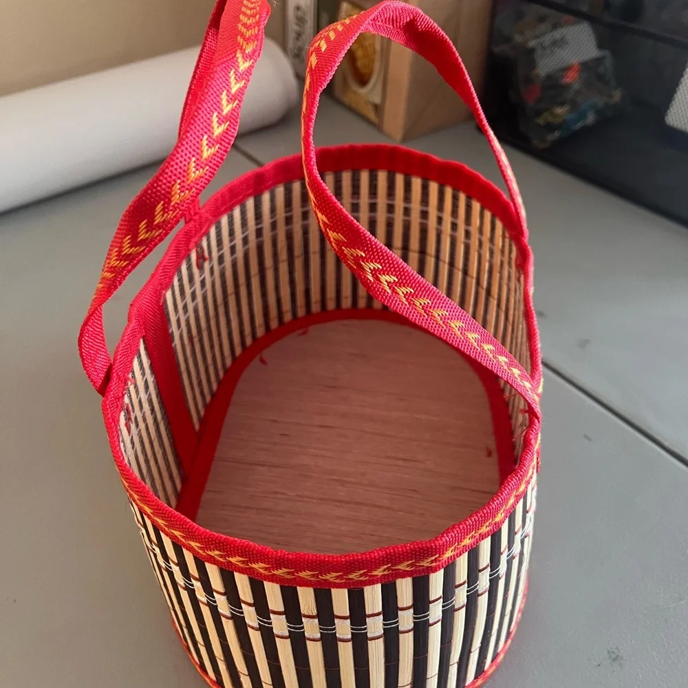 Woven Bamboo Basket with Red Handles | Boho Cottagecore Decor Storage